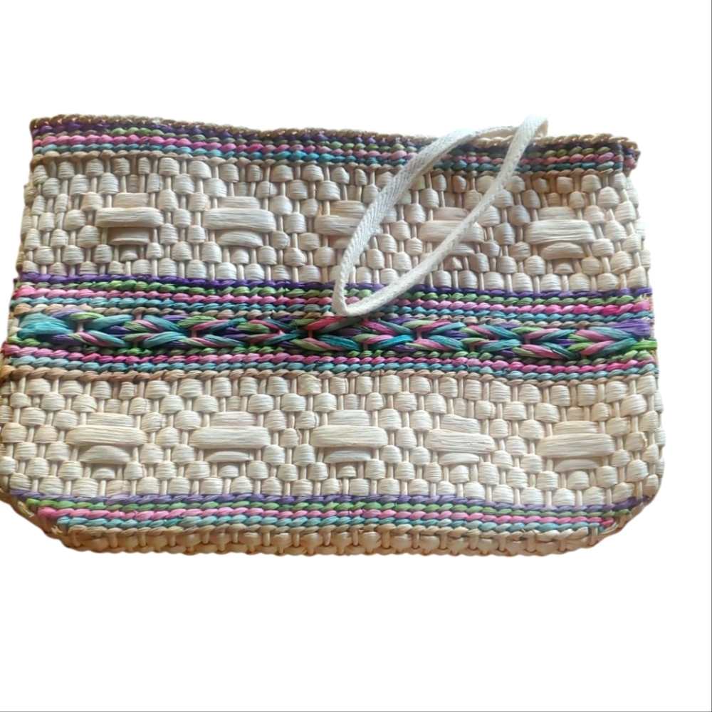 Vintage Raffia Straw Envelope Purse With Colorful Accent Stripes
